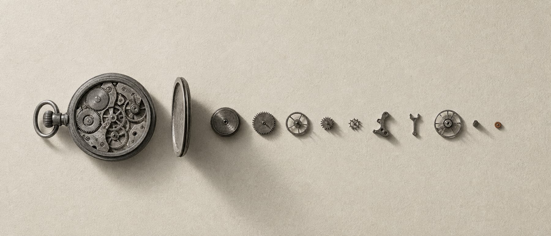 Un reloj de bolsillo antiguo abierto sobre una superficie clara, con el mecanismo a la vista y la tapa apoyada de canto al lado; las piezas desmontadas se alinean a la derecha en una fila que va de mayor a menor, y la última, diminuta y de color óxido, queda separada del resto.